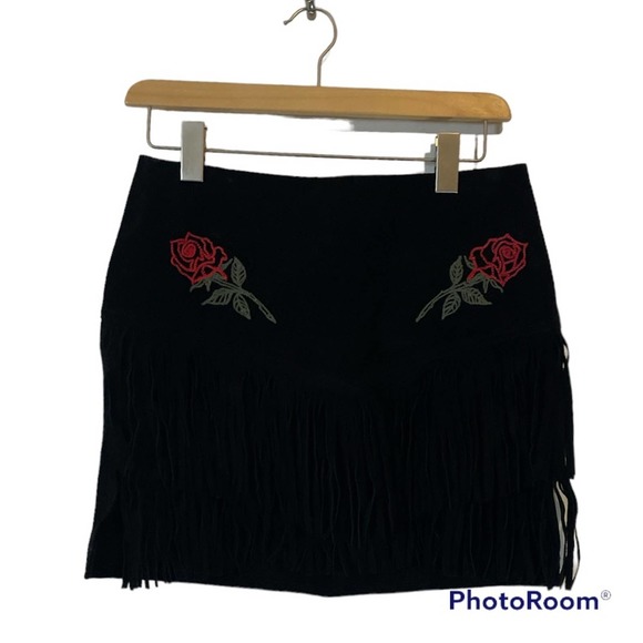Adaptation Dresses & Skirts - Adaptation Roses and Black Leather Suede Fringe Mini Skirt Women’s Size 26